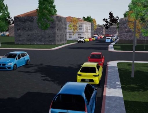Example of Wayve's simulation training showing virtual vehicles in an urban setting