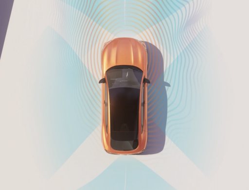 orange car from above on a light grey road