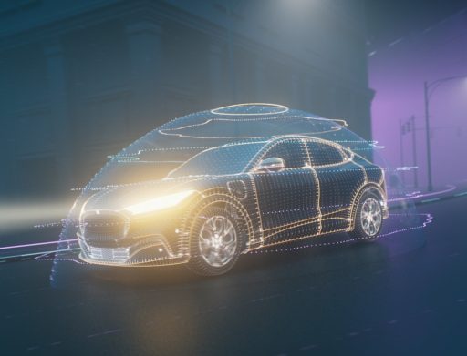 animated car driving through the street with headlights on