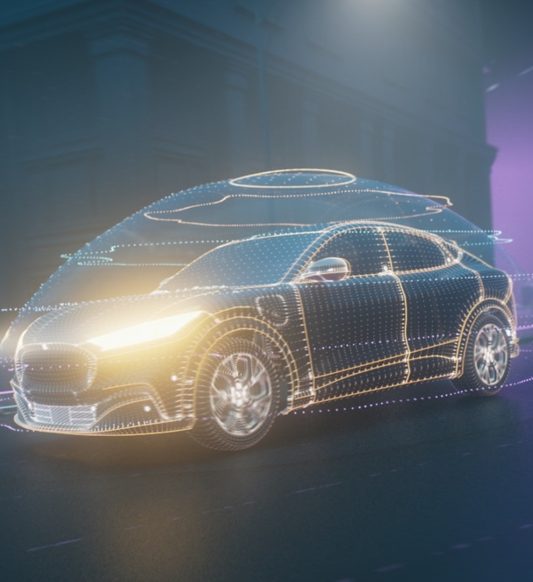 animated car driving through the street with headlights on
