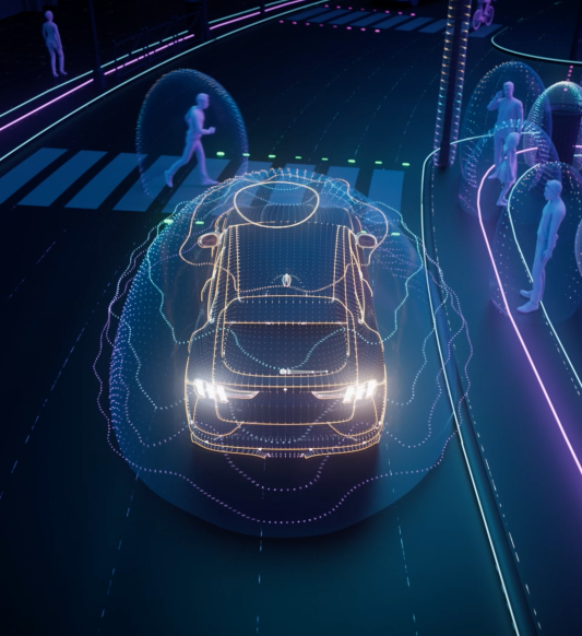 animated graphic of a car at a zebra crossing while a man crosses the road